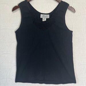 Vintage Kleids Black Cotton Tank Top Camisole Small Embroidered Lace Front USA S